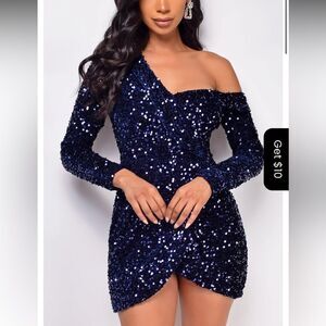 Emprada Alessia Navy Blue Off Shoulder Sequin Dress M NWT‎ in packaging